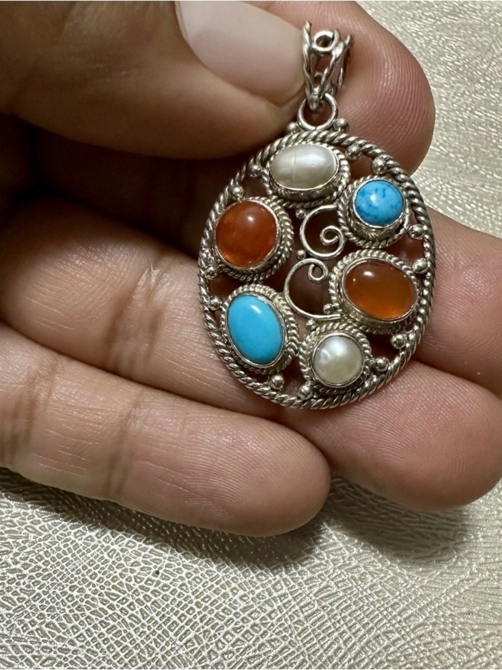 Southwestern Sterling Silver 925  Pearl Carnelian Turquoise Oval Pendant